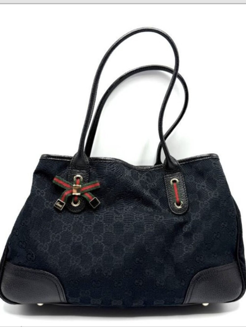 Gucci Black GG Canvas Tote Bag with Web Bow Detail; Pre-Owned